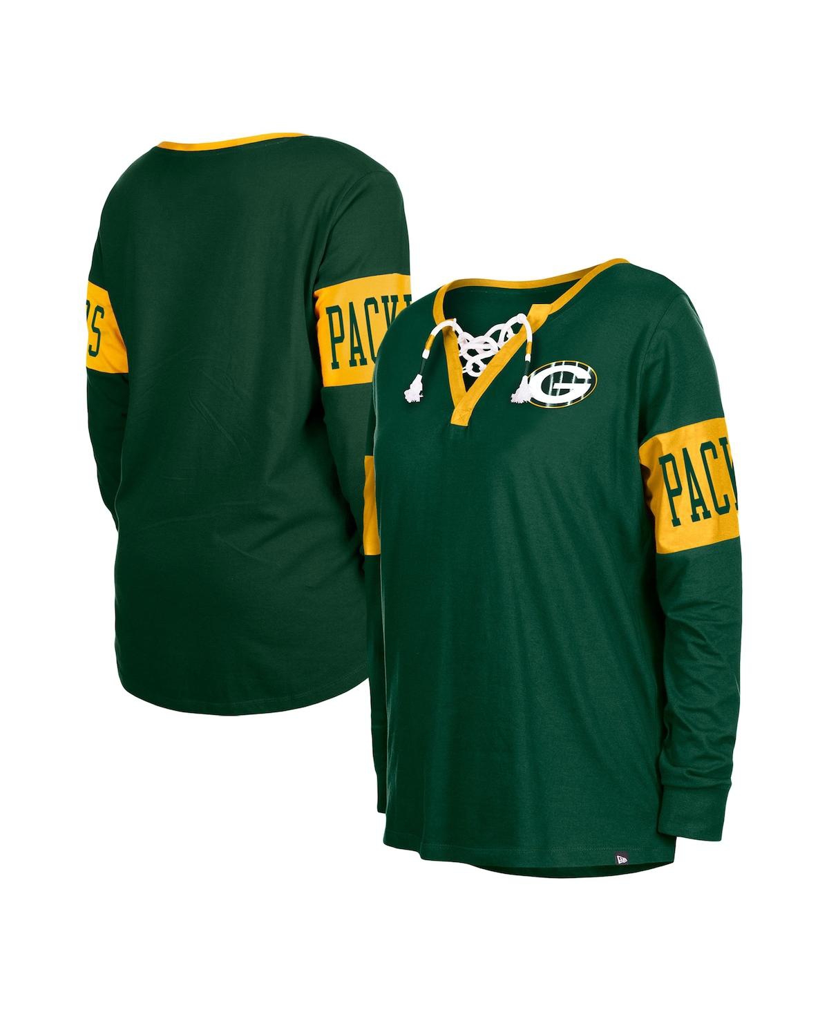 NEW ERA WOMEN'S NEW ERA GREEN GREEN BAY PACKERS LACE-UP NOTCH NECK LONG SLEEVE T-SHIRT 