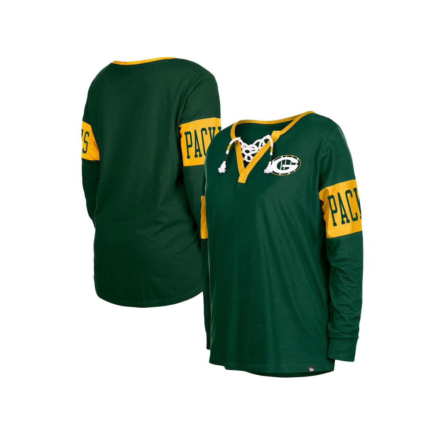 Women's Green Green Bay Packers Lace-Up Notch Neck Long Sleeve T-shirt