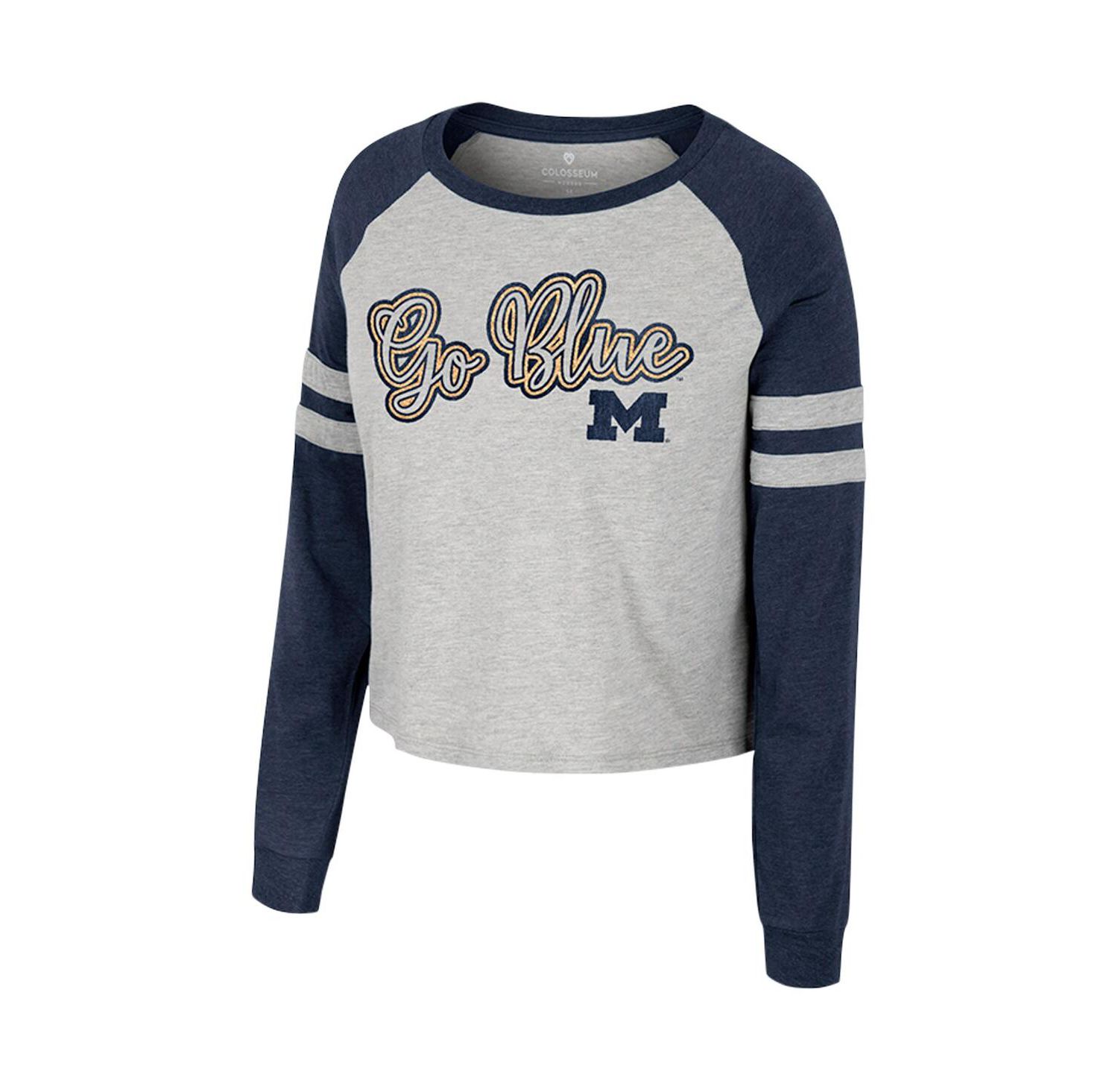 Women's Heather Gray Michigan Wolverines I'm Gliding Here Raglan Long Sleeve Cropped T-shirt