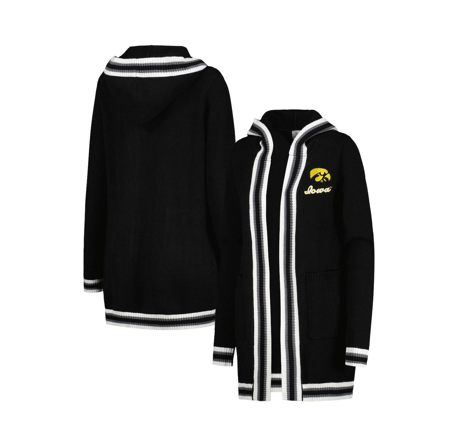 Women's Black Iowa Hawkeyes One More Round Tri-Blend Striped Hooded Cardigan Sweater