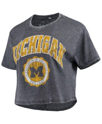 Women's Navy Distressed Michigan Wolverines Edith Vintage-Like Burnout Crop T-shirt