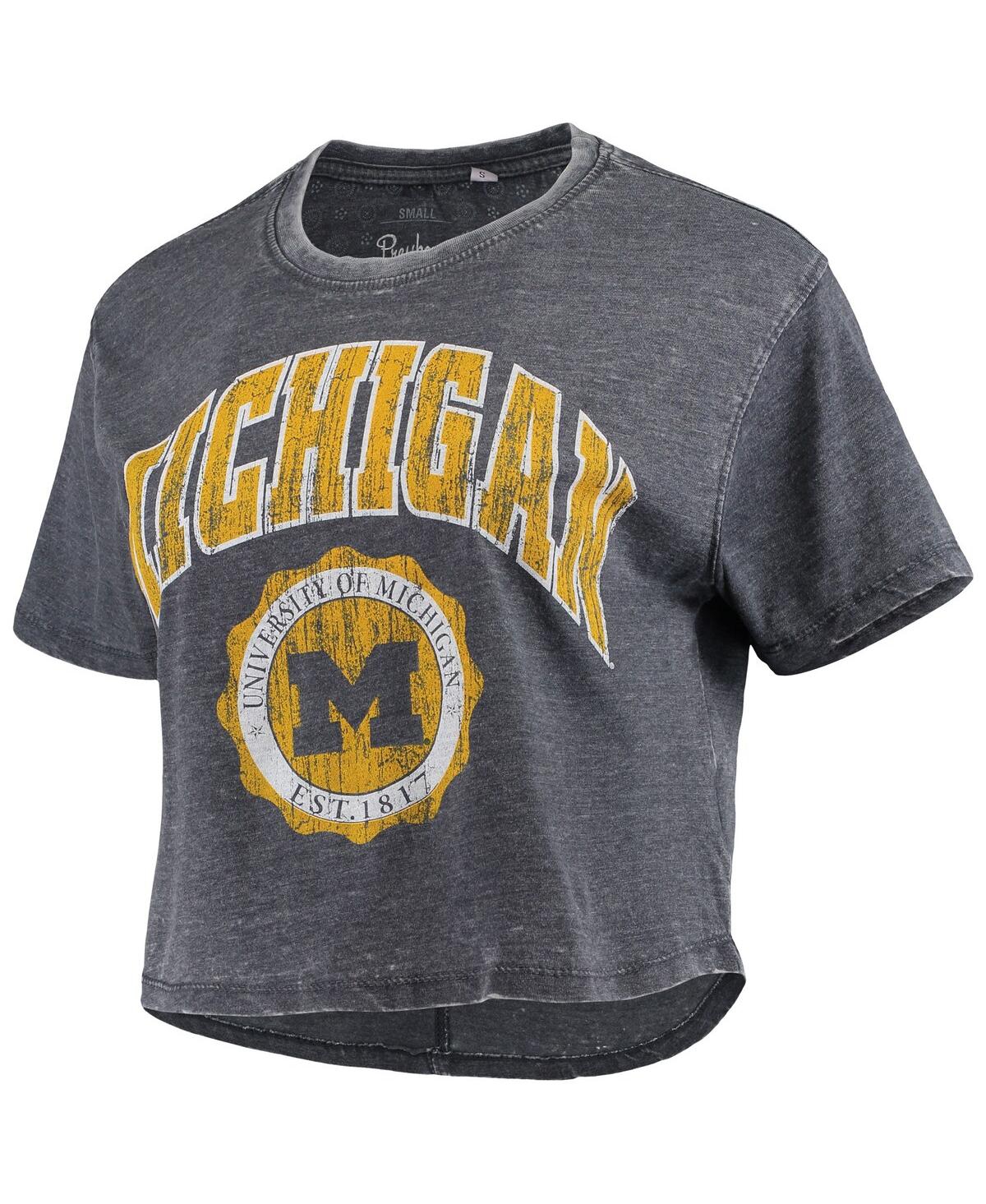 PRESSBOX WOMEN'S PRESSBOX NAVY DISTRESSED MICHIGAN WOLVERINES EDITH VINTAGE-LIKE BURNOUT CROP T-SHIRT 
