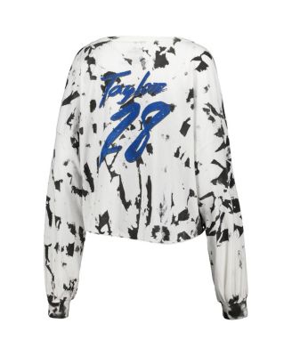 Women's Threads Jonathan Taylor White Distressed Indianapolis Colts Off-Shoulder Tie-Dye Name and Number Cropped Long Sleeve V-Neck T-shirt