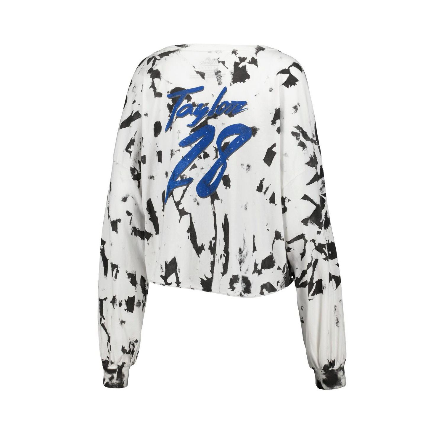Women's Threads Jonathan Taylor White Distressed Indianapolis Colts Off-Shoulder Tie-Dye Name and Number Cropped Long Sleeve V-Neck T-shirt