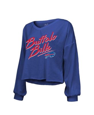 Women's Threads Josh Allen Royal Distressed Buffalo Bills Name and Number Off-Shoulder Script Cropped Long Sleeve V-Neck T-shirt