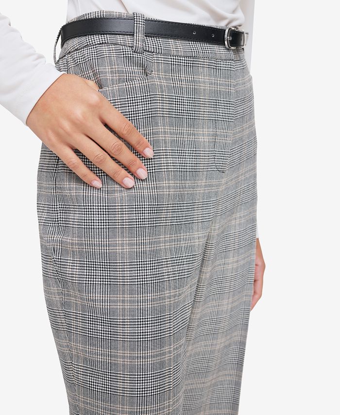 Calvin Klein Petite Plaid Belted Straight-Leg Pants - Macy's