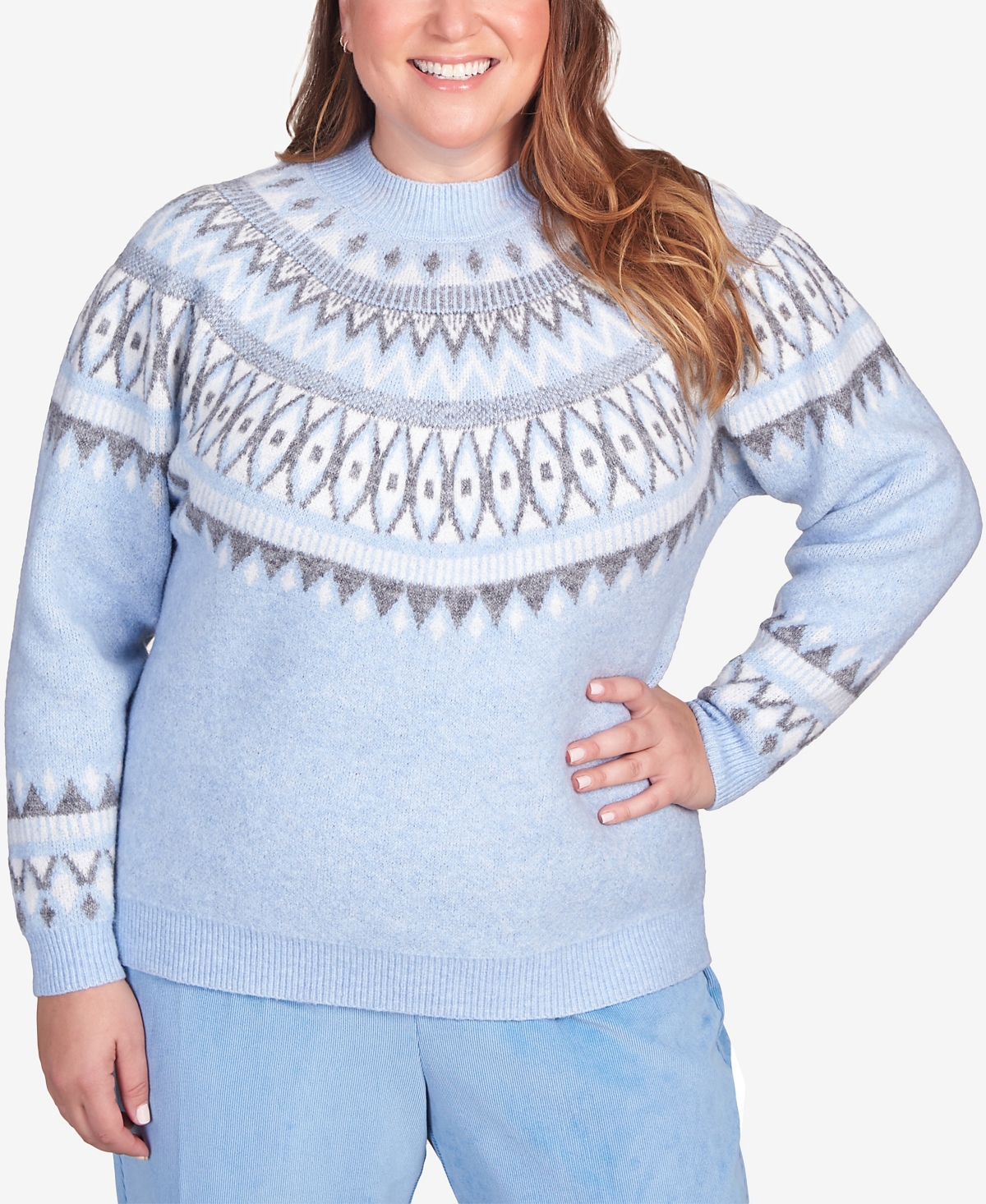 Plus Size Swiss Chalet Fair Isle Yoke Mock Neck Sweater - Multi