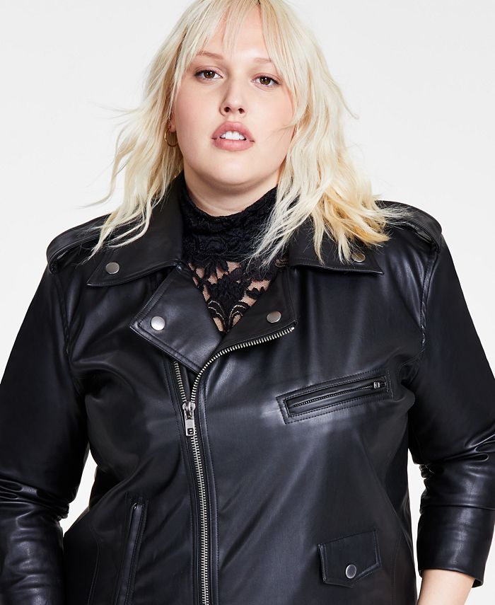 Bar III Plus Size Faux-Leather Long-Sleeve Moto Jacket, Created for ...