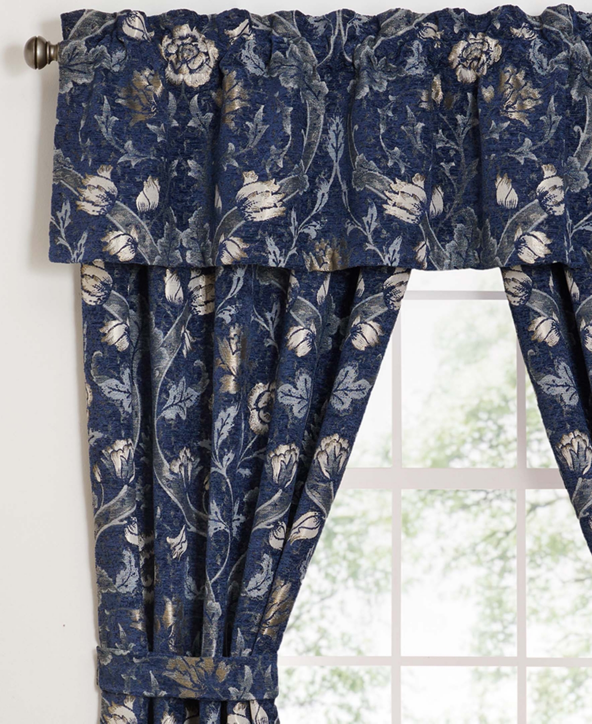 Rose Tree Cynthia Floral Print Tailored Valance, 17" X 80" In Navy