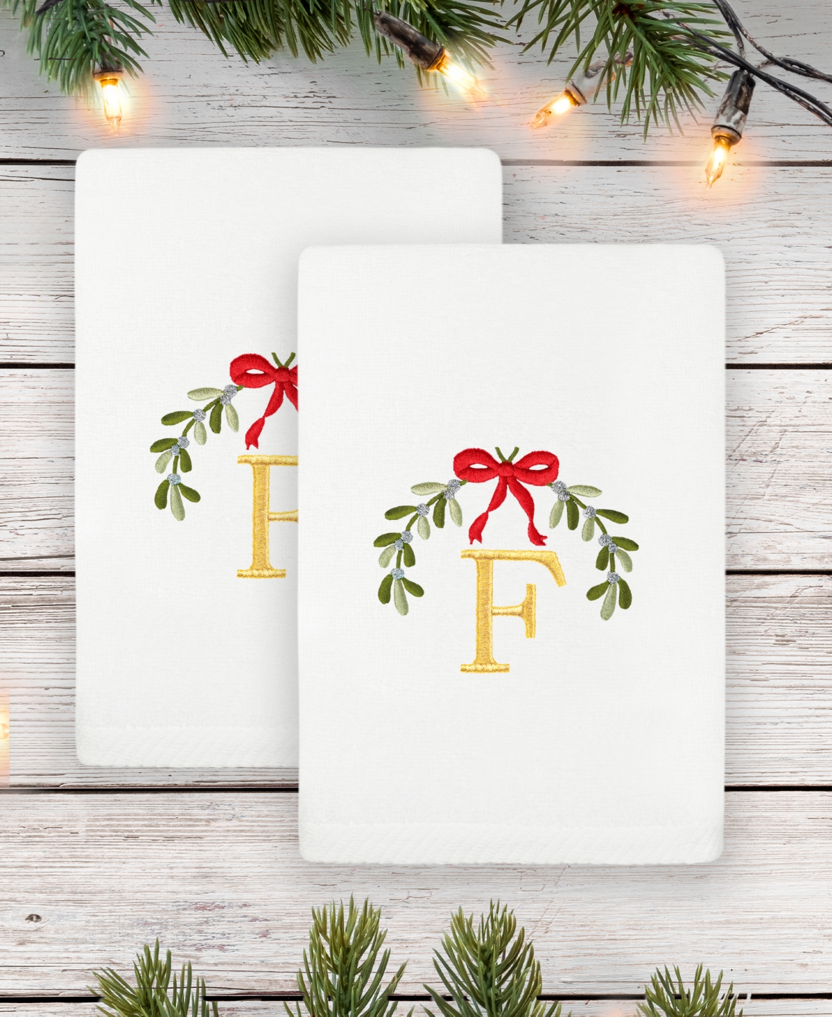 Linum Home Christmas Mistletoe MonogramEmbroidered Luxury Turkish Cotton Towels, 2 Piece - F