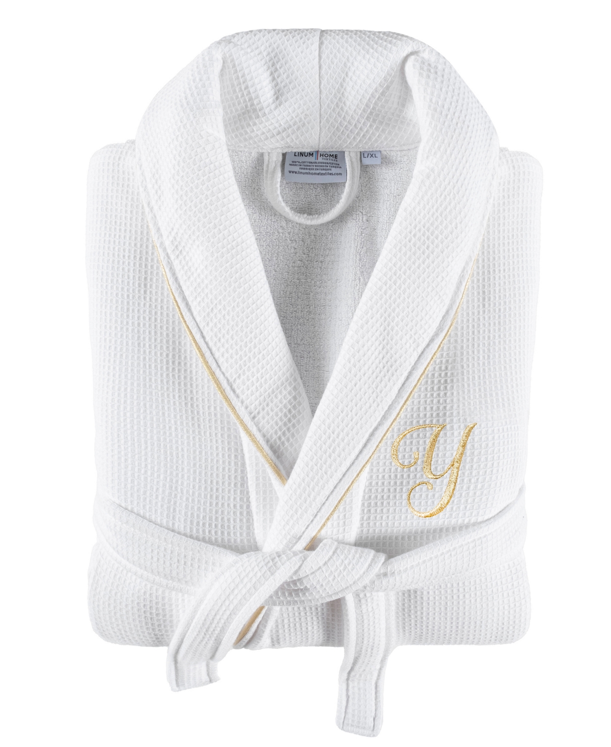 Linum Home Textiles 100% Turkish Cotton Unisex Personalized Waffle Weave Terry Bathrobe With Satin Piped Trim In White Y