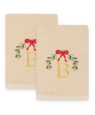 Christmas Mistletoe Monogram Beige Embroidered Luxury Turkish Cotton Hand Towels, 2 Piece Set
