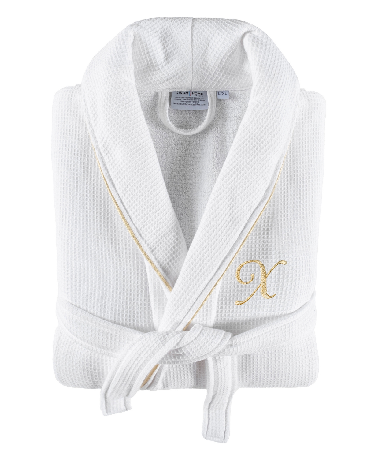 Linum Home Textiles 100% Turkish Cotton Unisex Personalized Waffle Weave Terry Bathrobe With Satin Piped Trim In White X