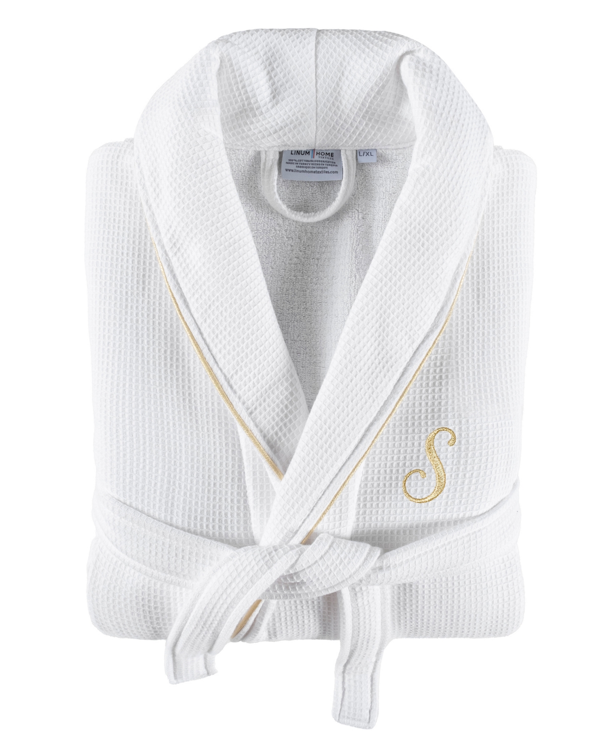Textiles 100% Turkish Cotton Unisex Personalized Waffle Weave Terry Bathrobe with Satin Piped Trim - White W