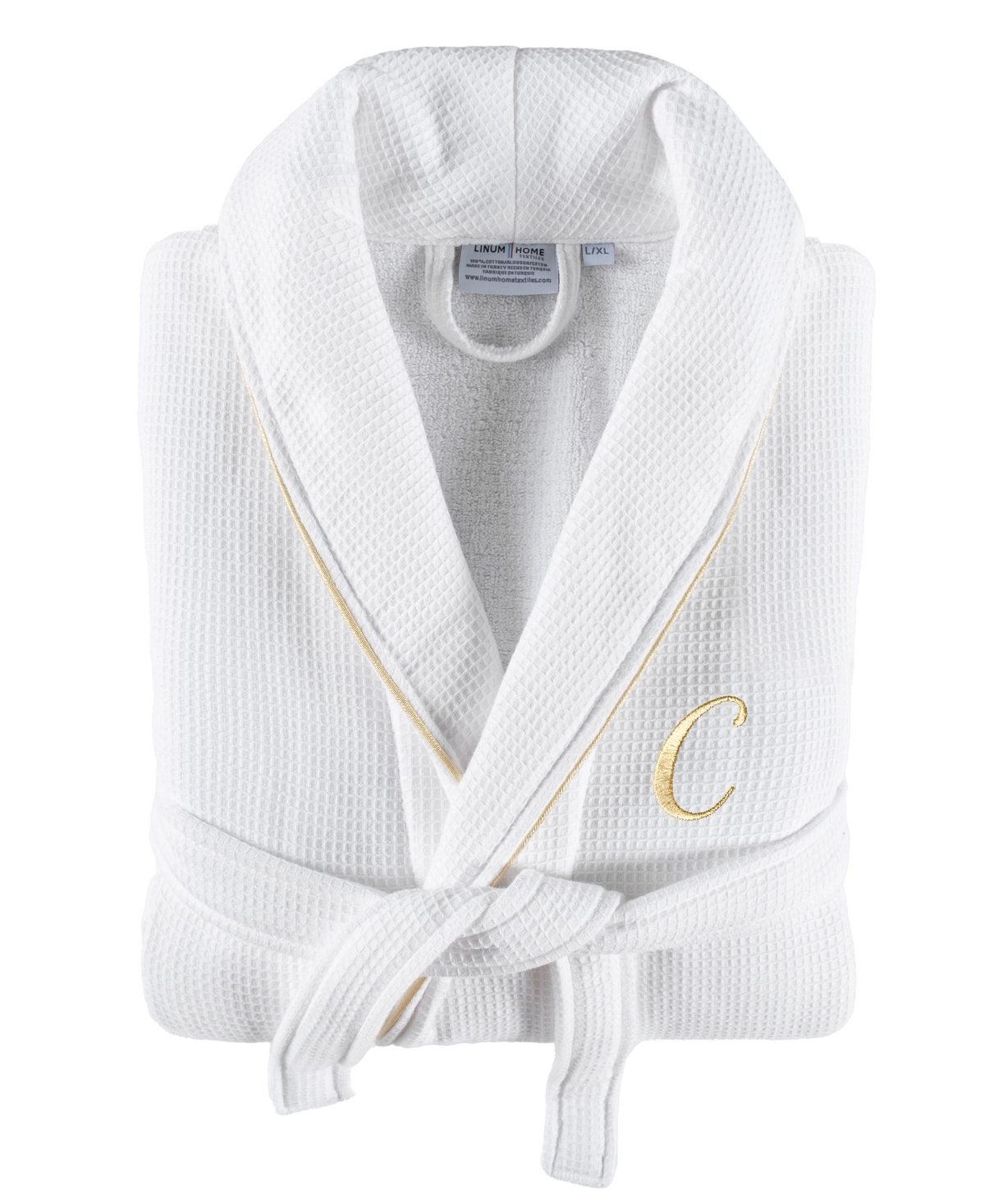 Linum Home Textiles 100% Turkish Cotton Unisex Personalized Waffle Weave Terry Bathrobe With Satin Piped Trim In White C