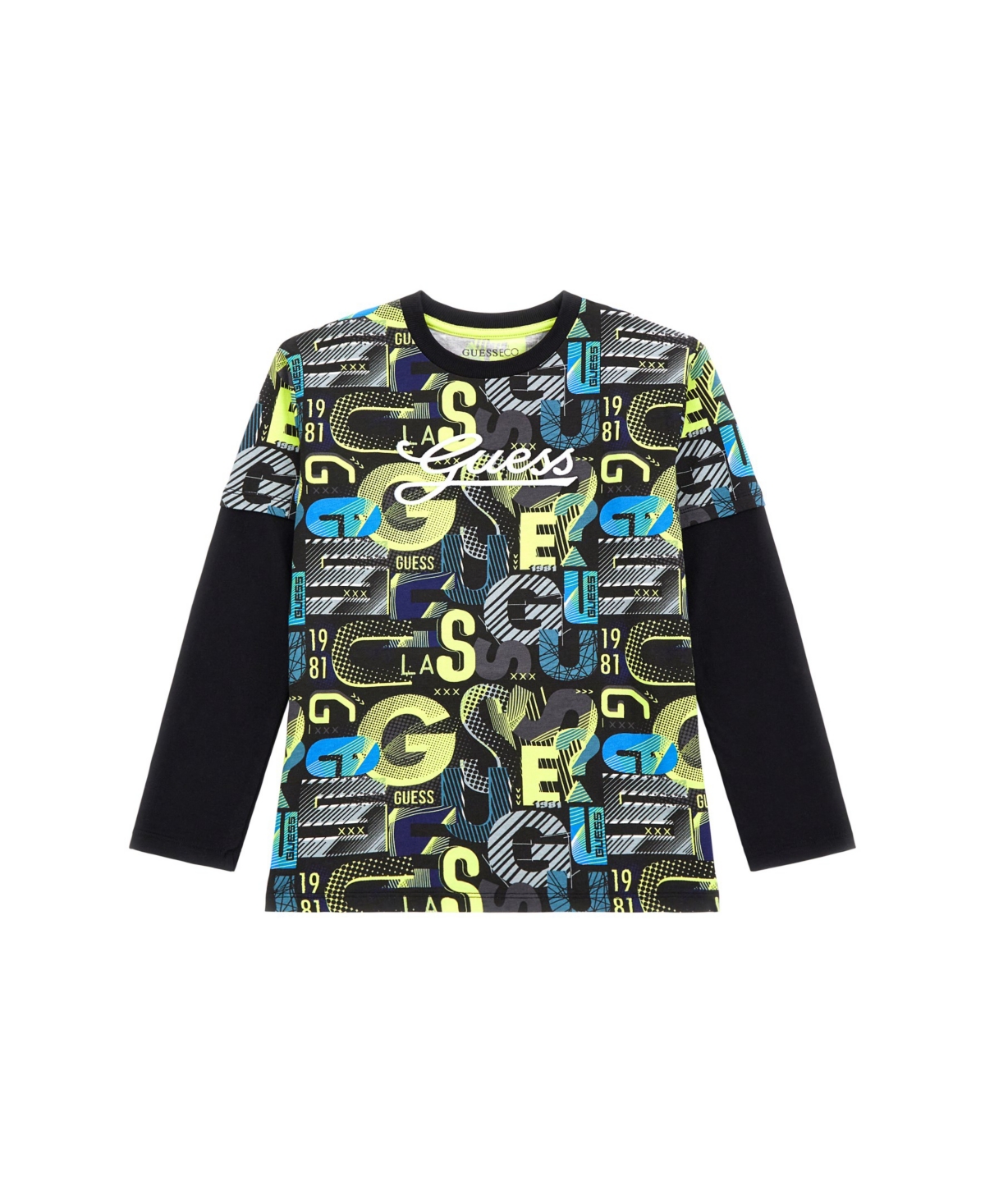 Guess Kids' Big Boys Faux 2-fer All Over Print With Embroidered Logo T-shirt In Multi