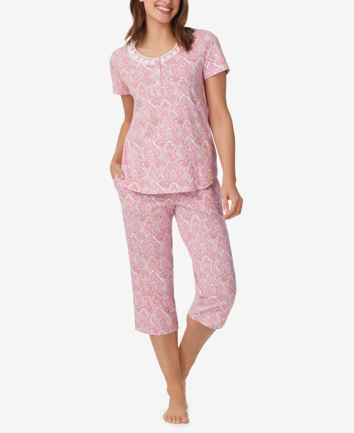 Women's Short Sleeve Top and Capri Pants 2 Piece Pajama Set - Pink, White Multi