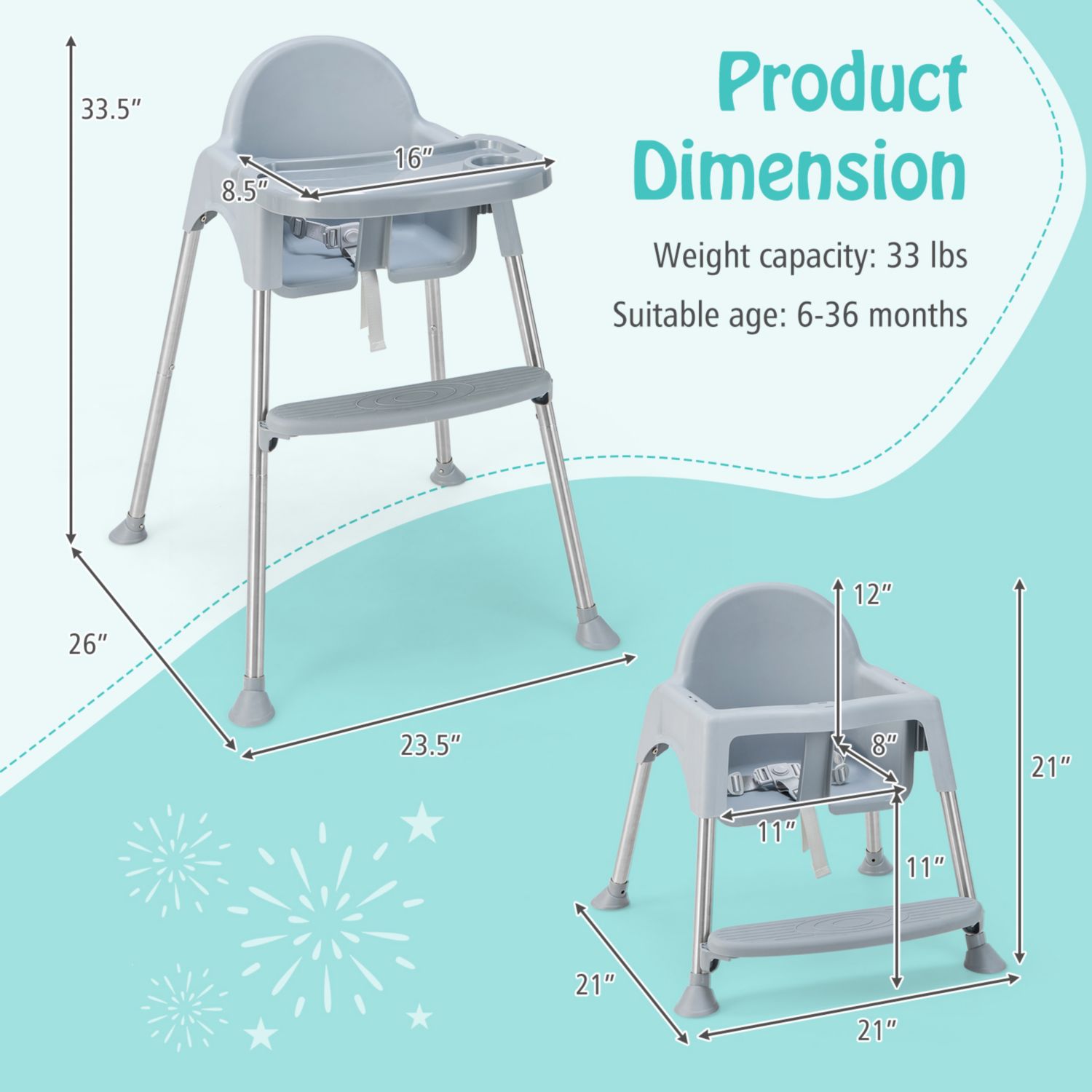 Multi-Stage Baby High Chair with Removable Double Tray for Infants and Toddlers