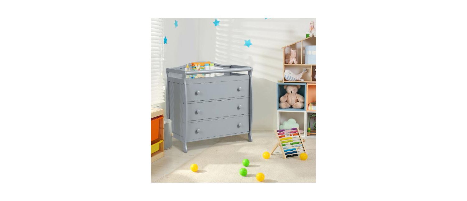 3-Drawer Dresser Changing Table with Safety Belt Guardrails-Grey