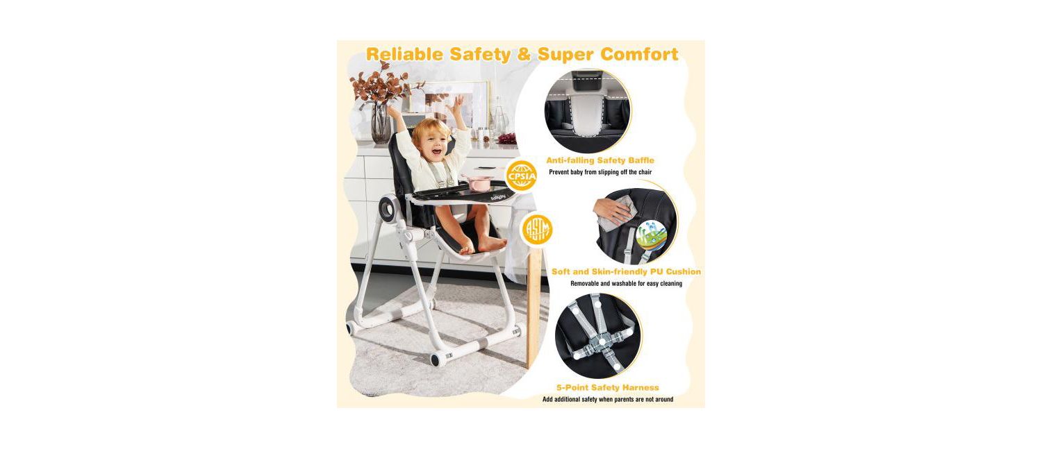 Girls High Chair Foldable Feeding Chair with 4 Lockable Wheels