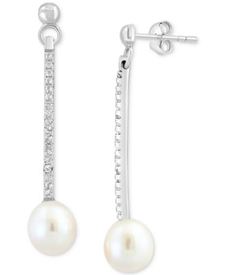 EFFY Collection - Freshwater Pearl (7mm) & White Topaz (1/5 ct. t.w.) Linear Drop Earrings in Sterling Silver