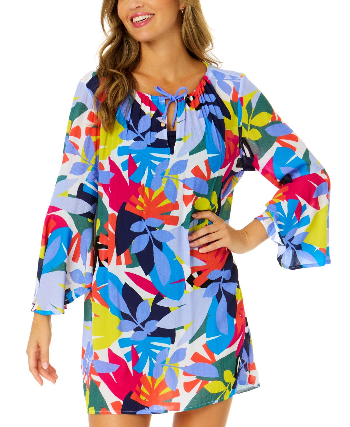 Women's Floral Bell-Sleeve Cover-Up Tunic - Tropical Foral