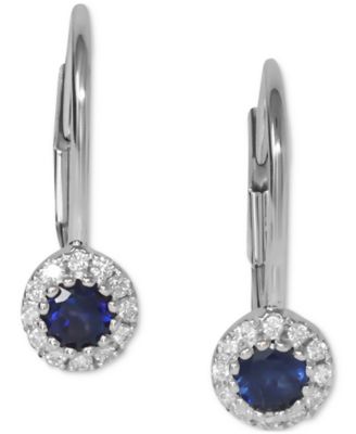 Macy's - Sapphire (3/8 ct. t.w.) & Diamond (1/10 ct. t.w.) Halo Leverback Drop Earrings in 14k White Gold