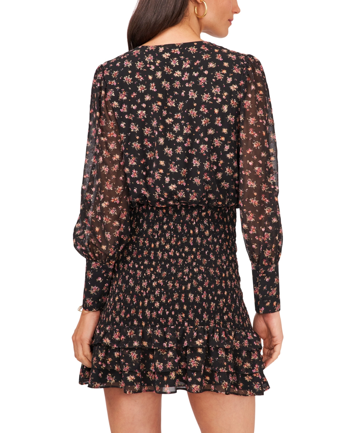 1.state Women's Long Sleeve V-Neck Ruffled Smocked Skirt Dress