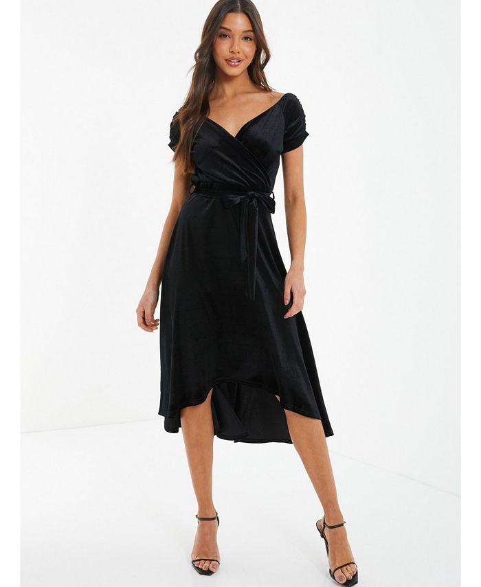 QUIZ Women's Velvet Bardot Ruched Sleeves Evening Dress - Macy's
