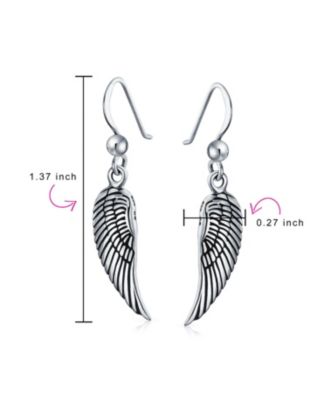 Amulet Spiritual Guardian Angel Wings Feather Dangle Earrings Oxidized Sterling Silver Fish Hook