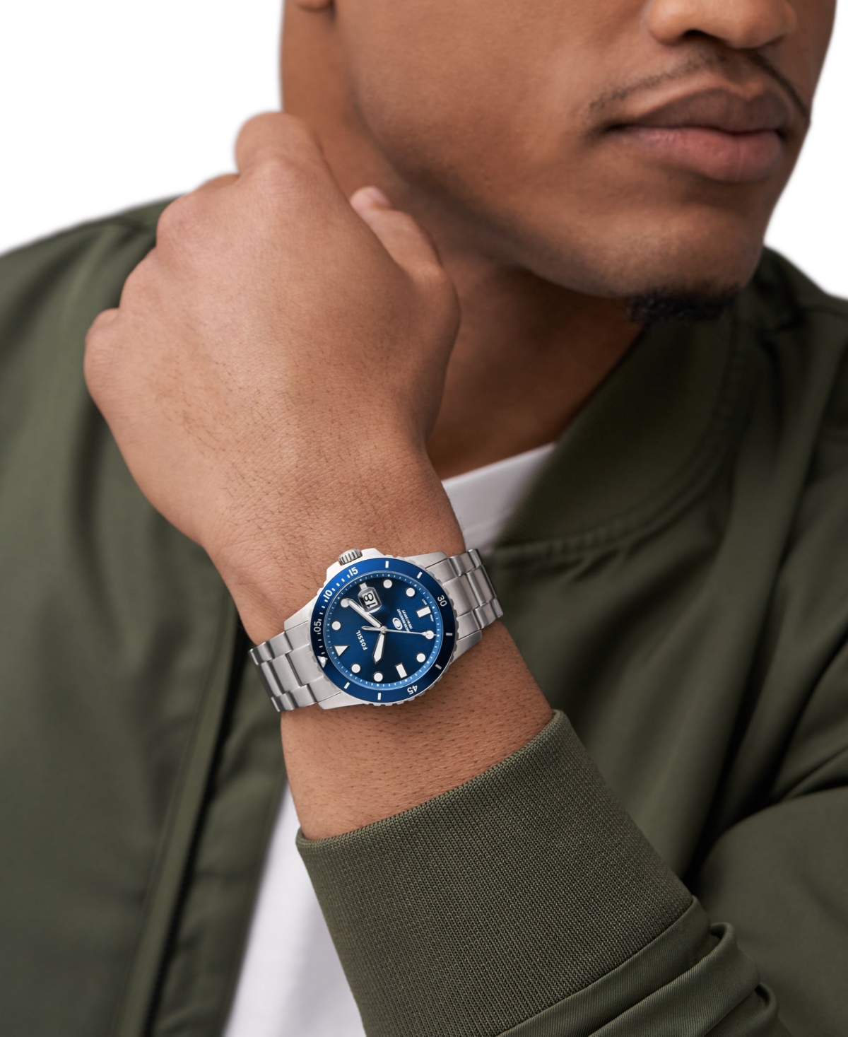 Fossil Men's Blue Dive Three-hand Date Silver-tone Stainless Steel Watch 42mm In Silver-tone