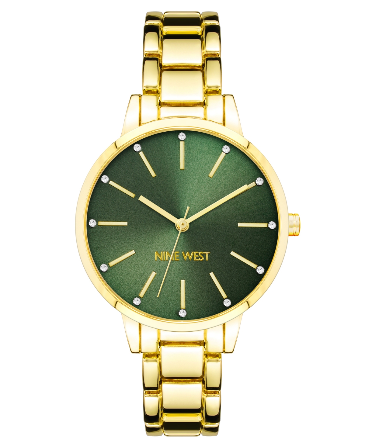 Nine West Women's Quartz Gold-tone Alloy Link Bracelet Watch, 36mm In Green,gold-tone