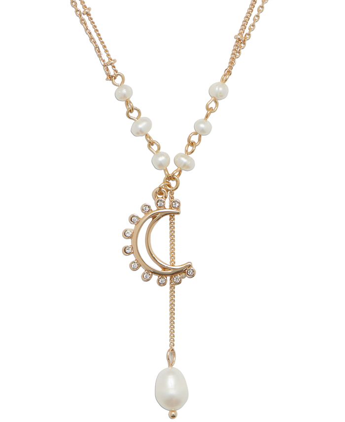 Lucky Brand Gold-Tone Pavé Moon & Genuine Freshwater Pearl Lariat ...