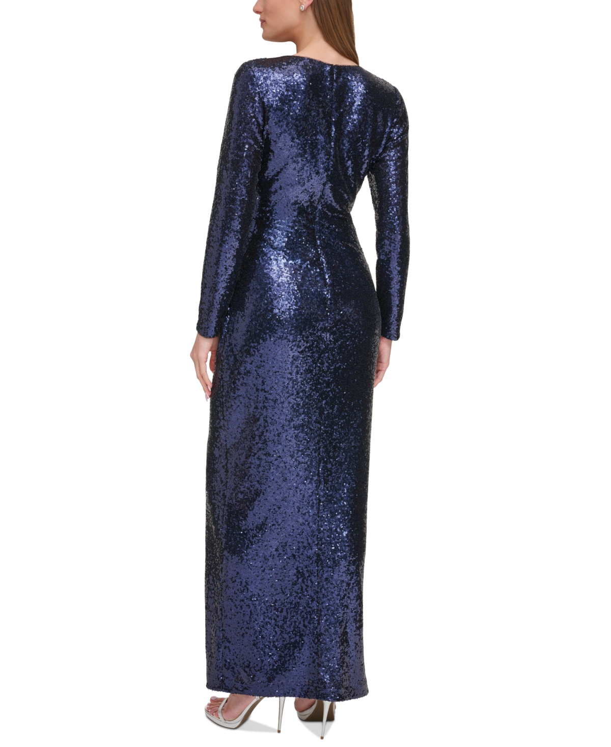 Shop Dkny Women's Long-sleeve Side-ruched Sequin Gown In Navy