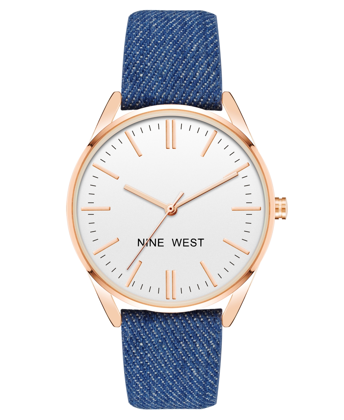Nine West Women's Quartz Blue Faux Leather Band Watch, 36mm In Blue,rose Gold-tone