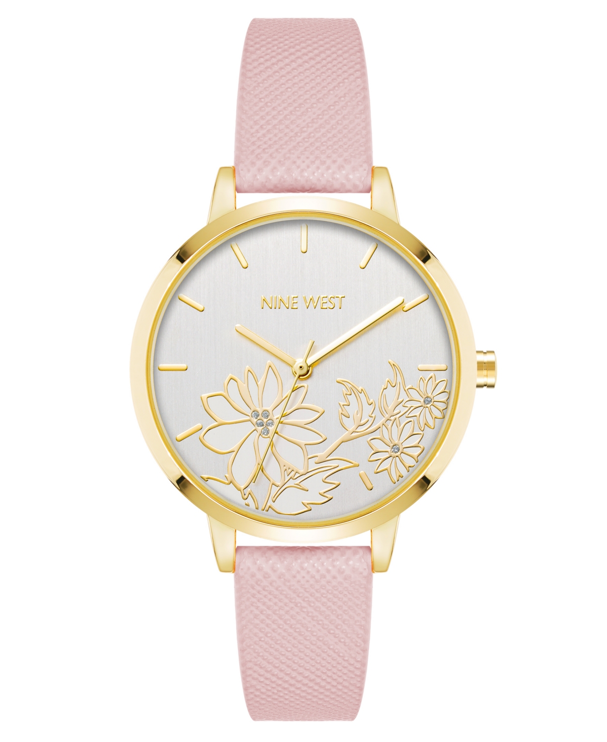 Nine West Woman's Quartz Pink Faux Leather Band And Floral Pattern Watch, 36mm In Pink,gold-tone