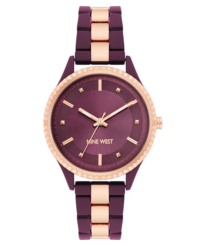 Nine West Women s Quartz Burgundy and Rose Gold Tone Link Bracelet