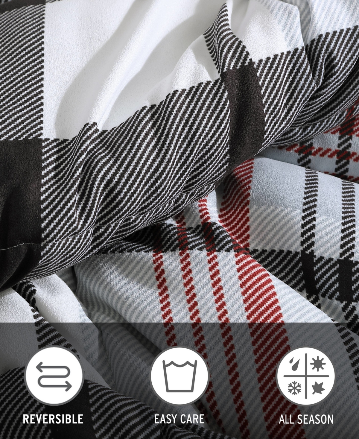 Eddie Bauer Closeout!  Normandy Plaid Micro Suede Reversible 3 Piece Duvet Cover Set, Full/queen In Black Red