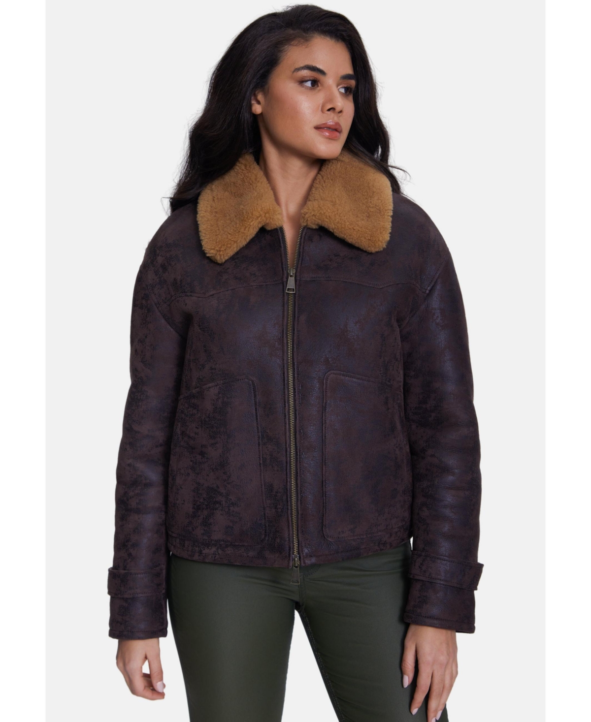 Women's Fashion Jacket, Silky Brown With Ginger Curly Wool - Brown
