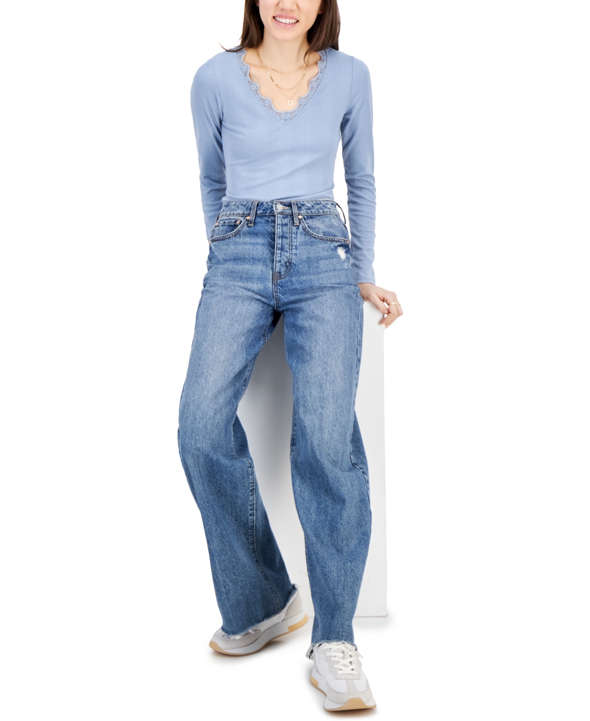 Self Esteem Juniors' Lace-trim V-neck Bodysuit In Ashley Blue