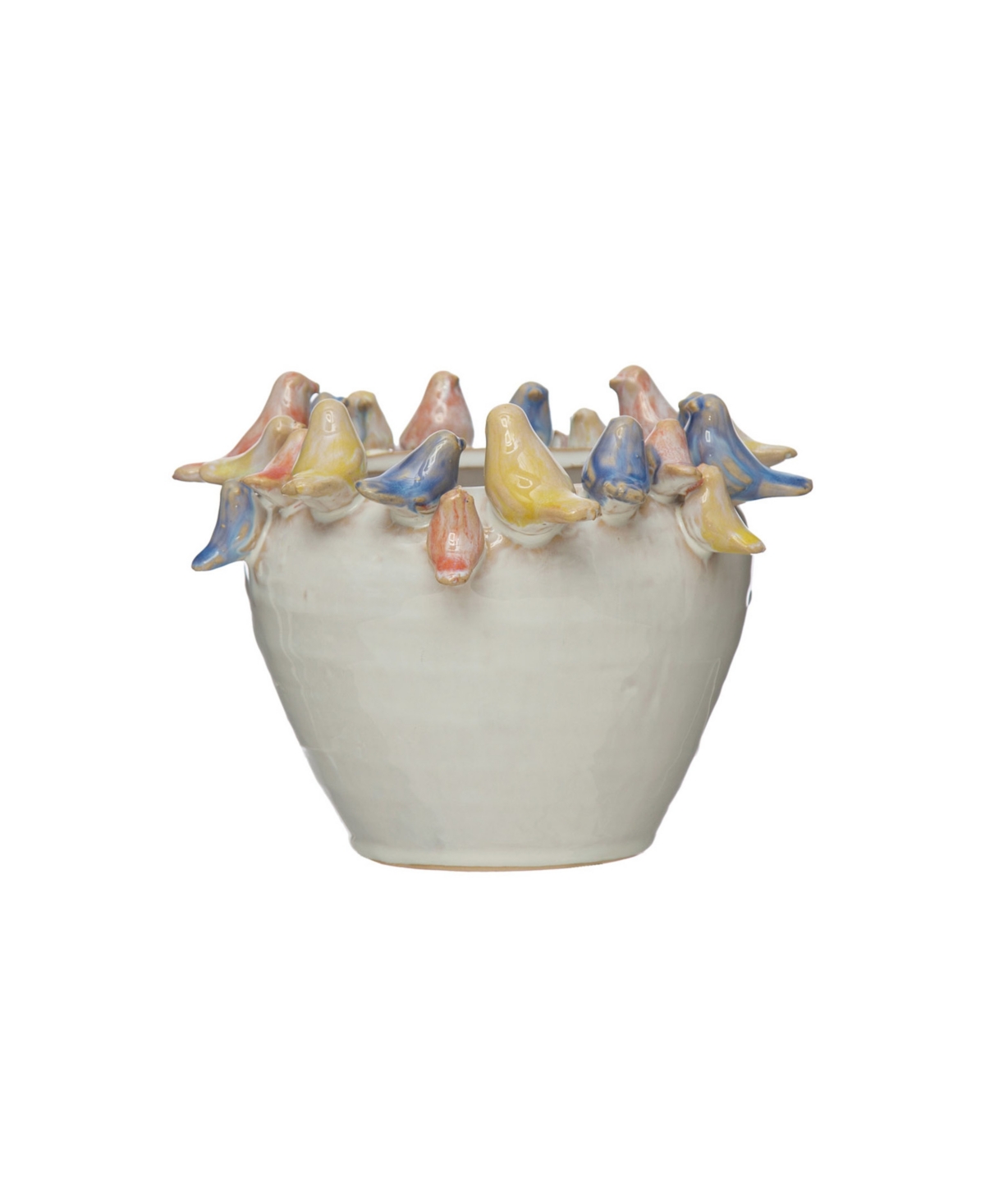 Stoneware Planter with Birds On Rim, Reactive Glaze - Cream