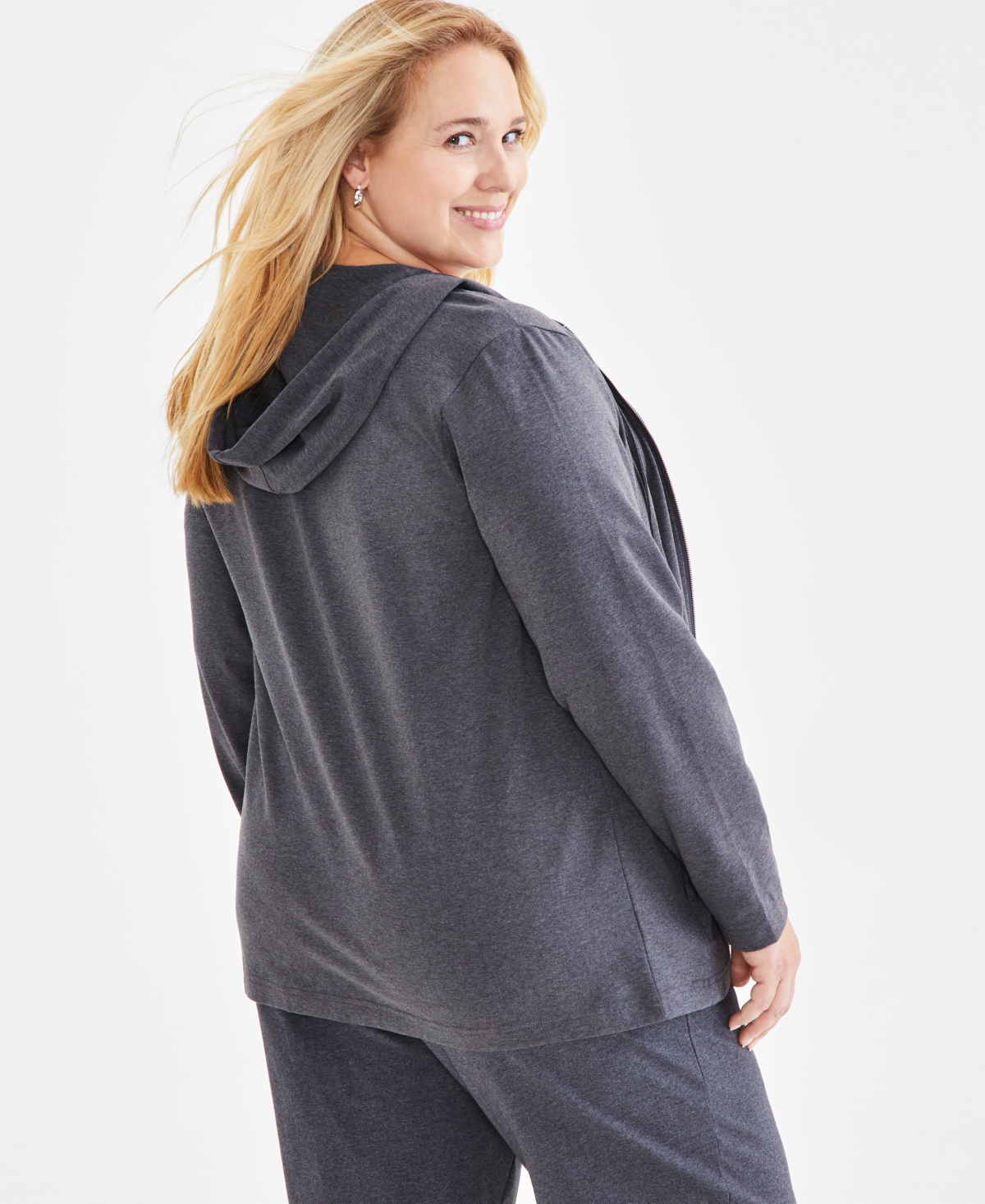 Style & Co Plus Size Zip-up Hooded Sweatshirt, Created For Macy's In Charcoal Heather