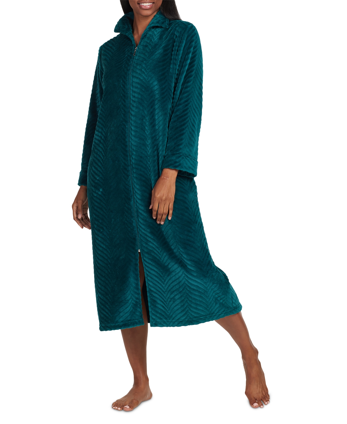 Miss Elaine Petite Solid Long-sleeve Long Zip Robe In Midnight Blue