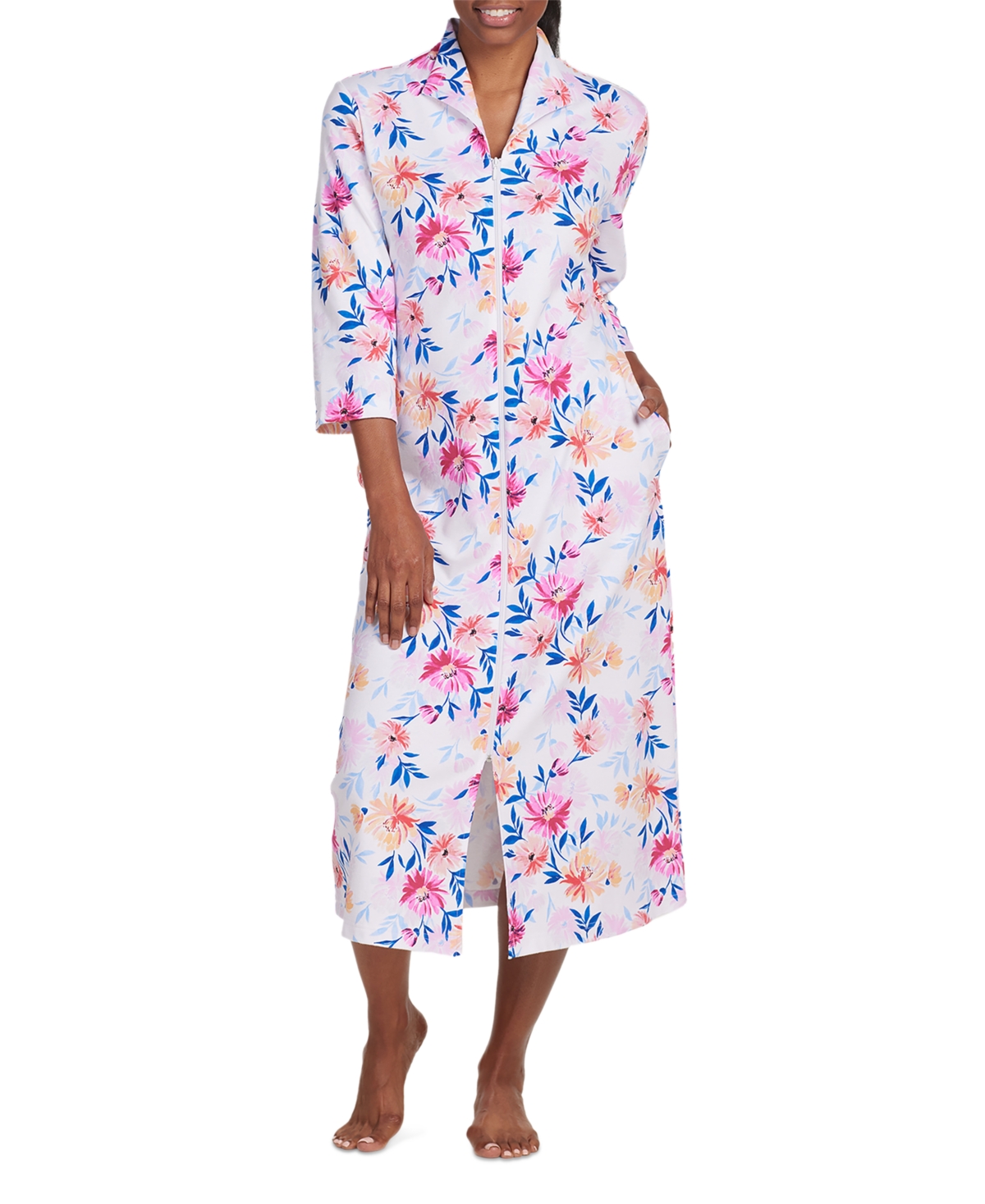 Women's Floral-Print Knit Long Zip Robe - Pink Roses On Navy