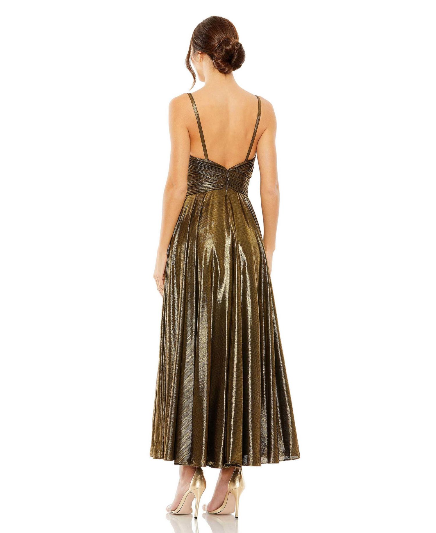 Women's Sleeveless V Neck Pleated Top Metallic Dress