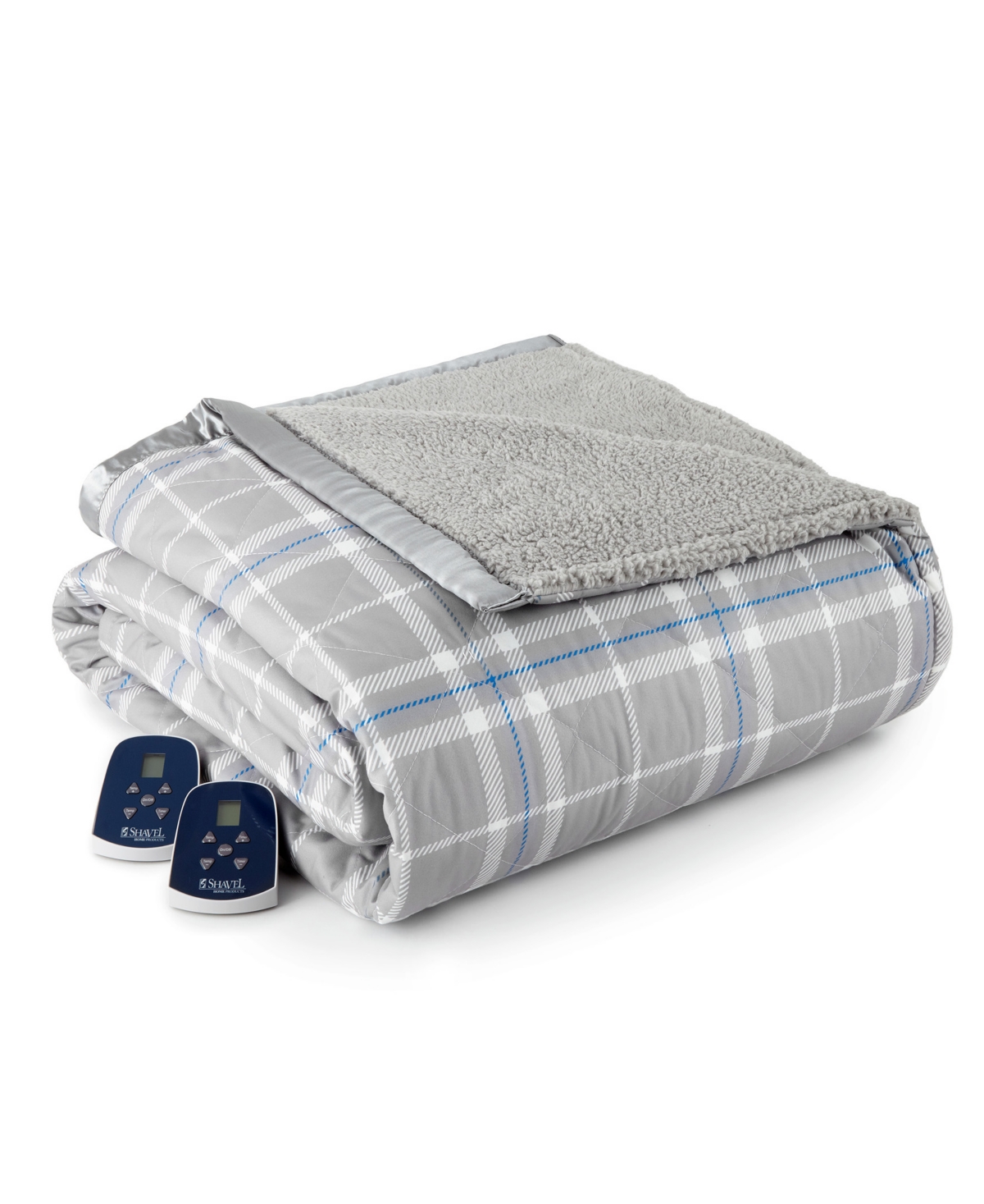 Shavel Reversible Micro Flannel To Sherpa King Electric Blanket In Carlton Plaid Gray