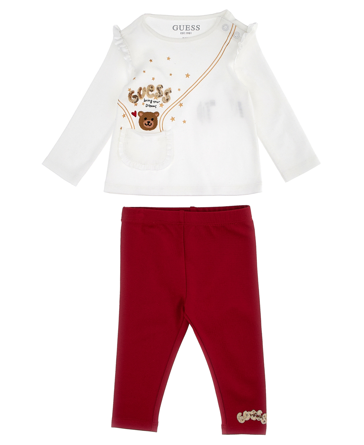 Guess Baby Girls Interlock Embroidered Pocket Bear And Sequin Artwork Top And Leggings, 2 Piece Set In Cream