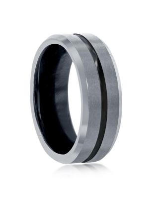 Matte & Polished Silver and Black Stripe Tungsten Ring
