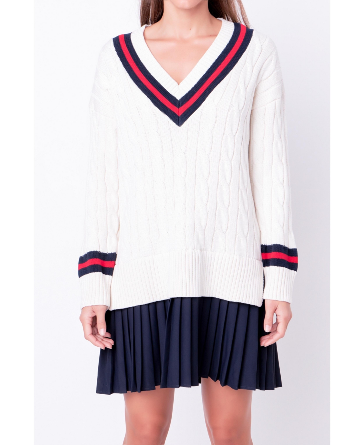 Buy Boardwalk Empire Inspired Dresses Womens Cable Knit Pleated Sweater Dress - Ivory multi $130.00 AT vintagedancer.com