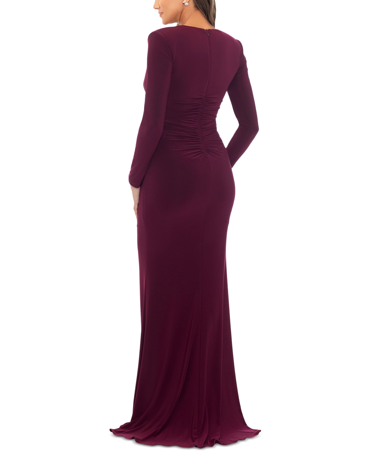 Shop Xscape Women's Long-sleeve V-neck Ruched Dress In Wine